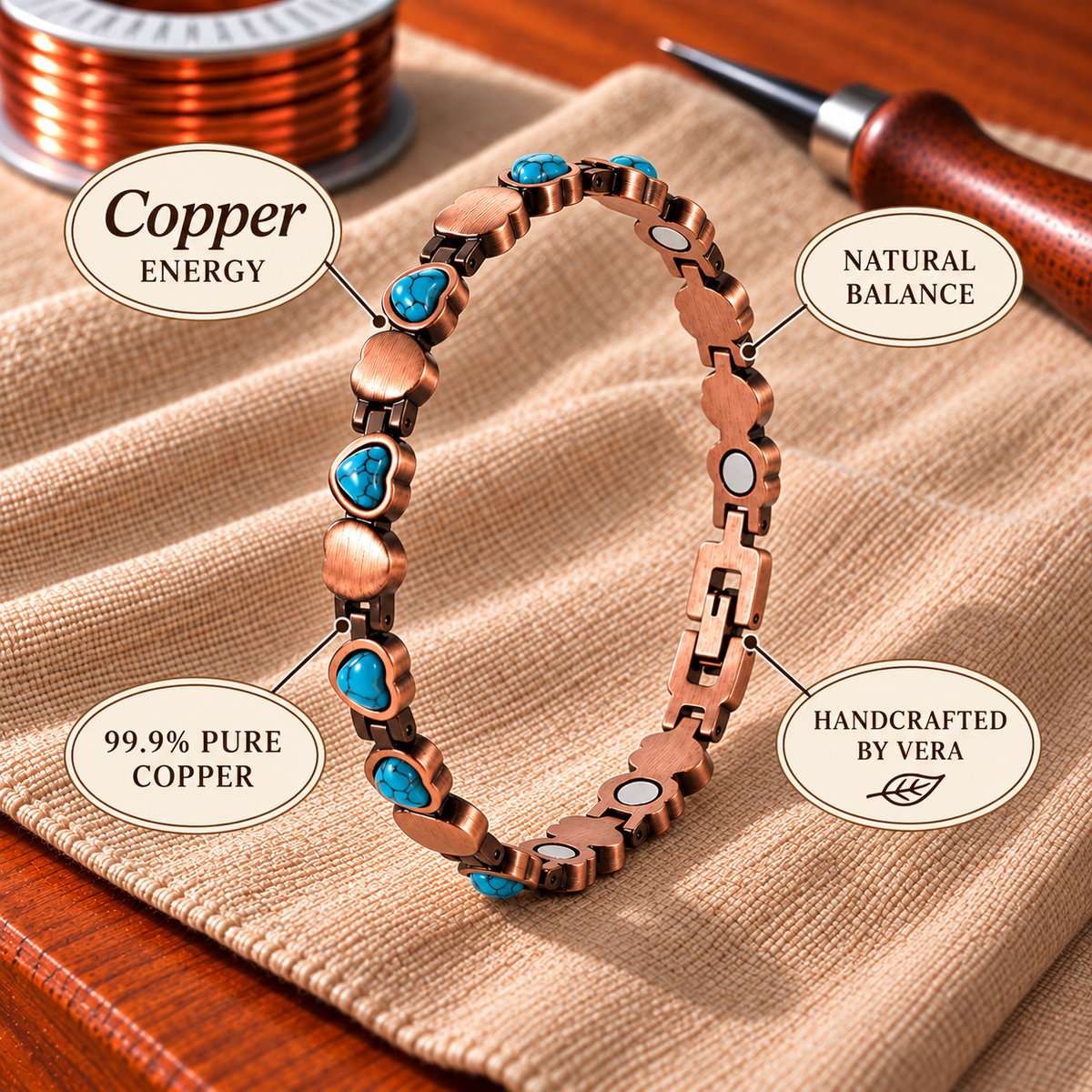 Kupferarmband mit Herz Aqua