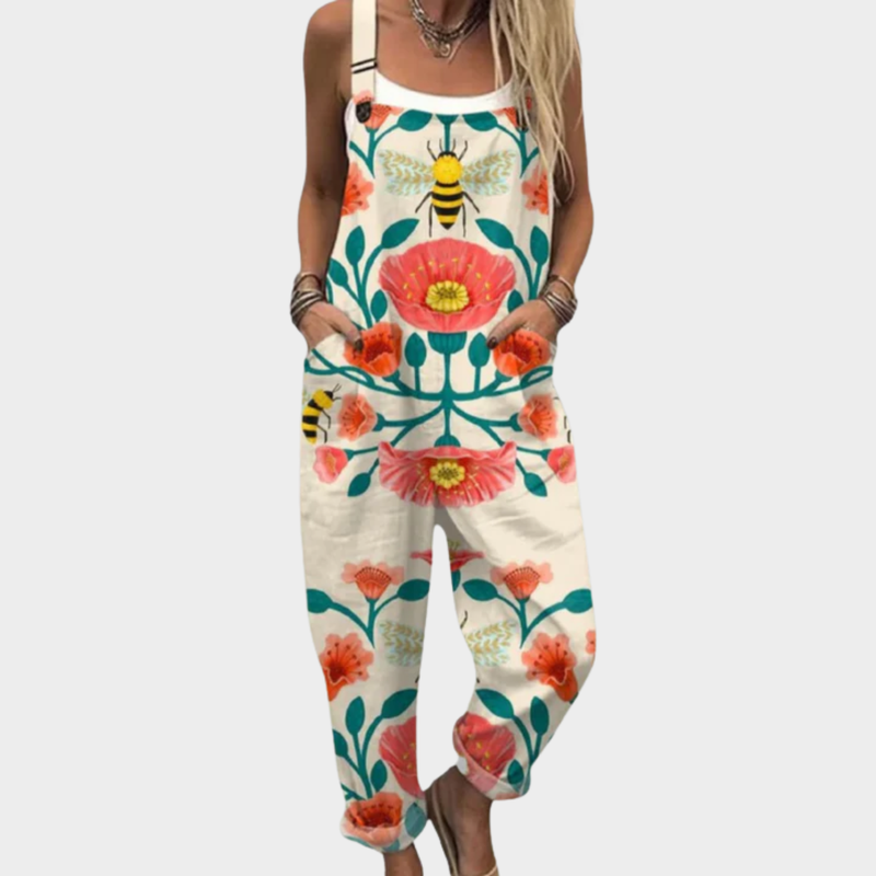 Latzhose mit Mohnblumen und Bienen