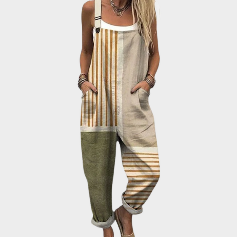 Gestreifte Latzhose Beige Oliv