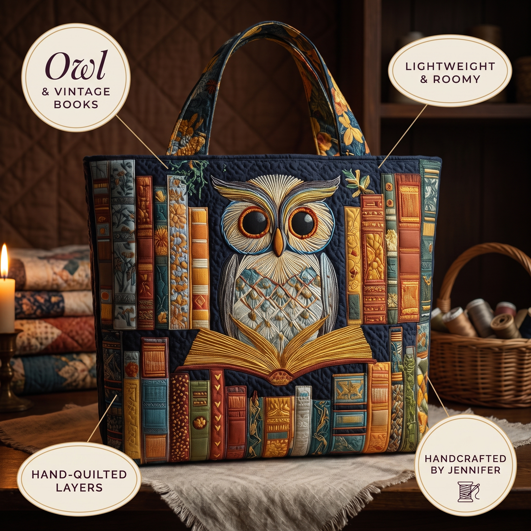 Eule und alte Bücher – Gesteppte Tasche