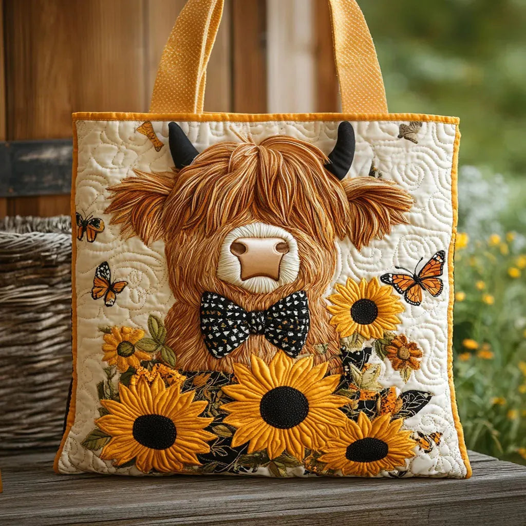 Highland-Rind mit Sonnenblumen – Gesteppte Tasche