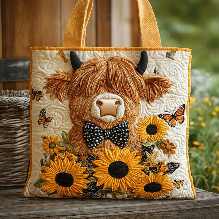 Highland-Rind mit Sonnenblumen – Gesteppte Tasche