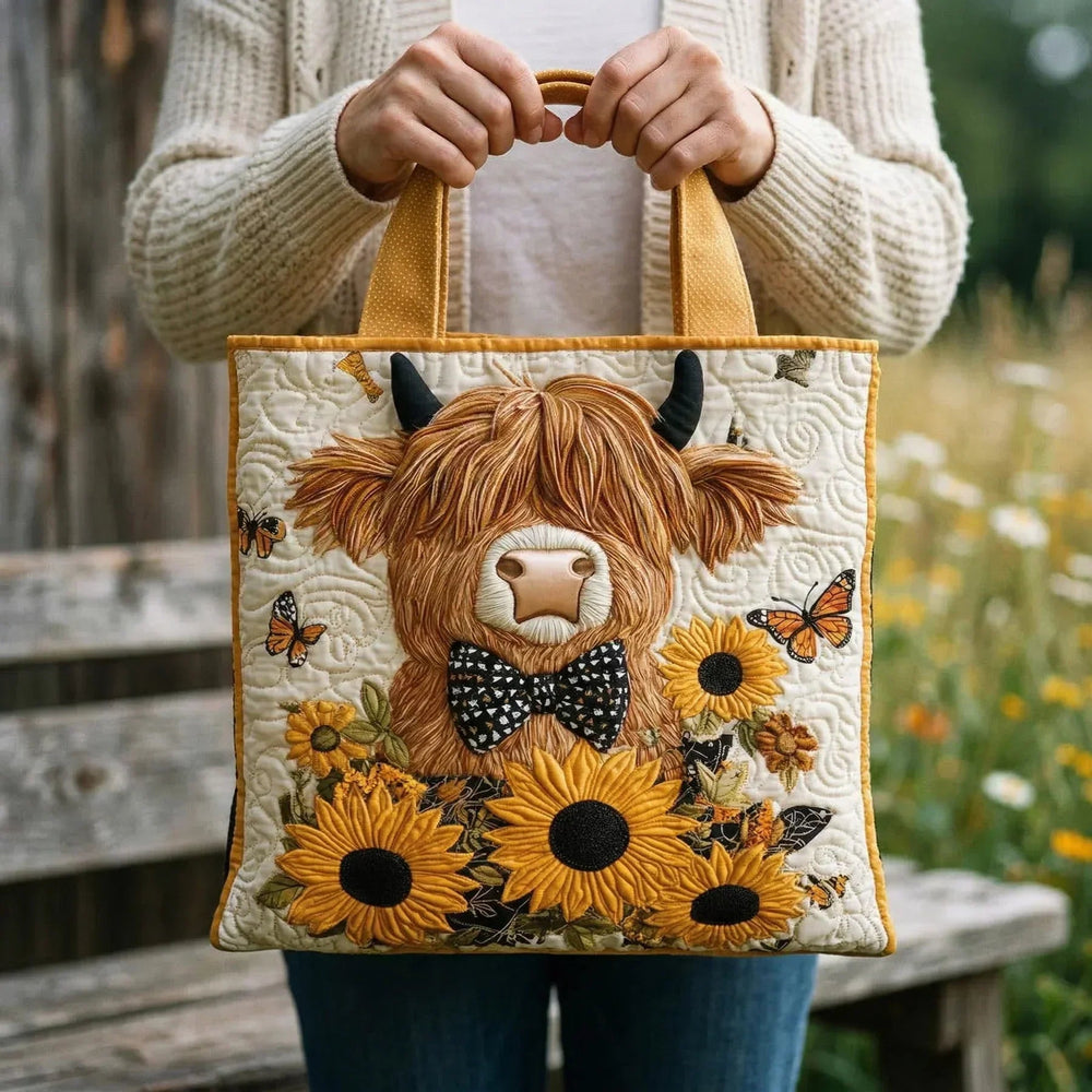 Highland-Rind mit Sonnenblumen – Gesteppte Tasche