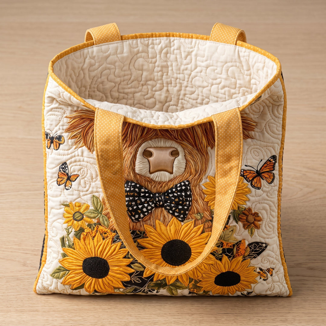 Highland-Rind mit Sonnenblumen – Gesteppte Tasche