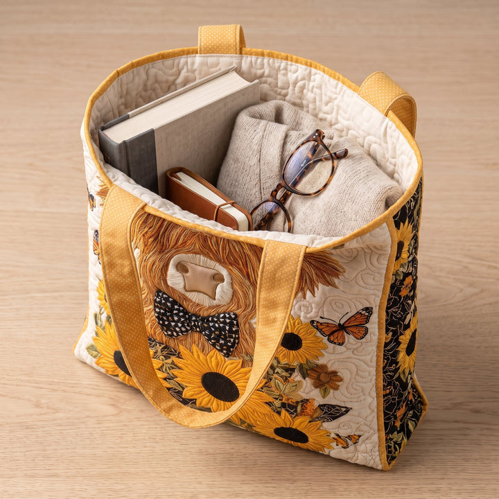Highland-Rind mit Sonnenblumen – Gesteppte Tasche
