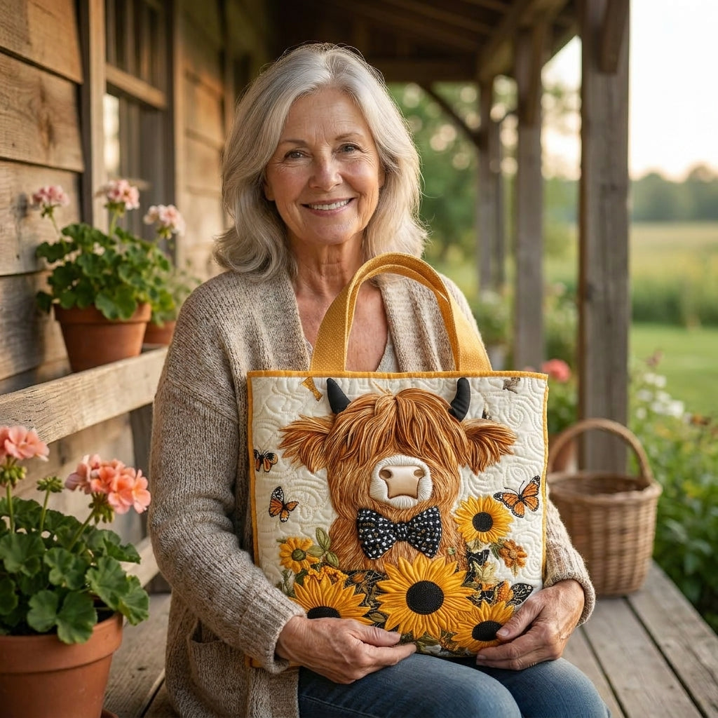 Highland-Rind mit Sonnenblumen – Gesteppte Tasche