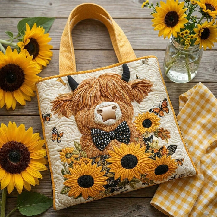 Highland-Rind mit Sonnenblumen – Gesteppte Tasche
