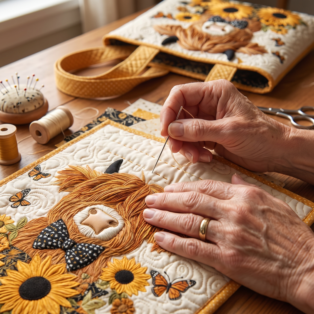 Highland-Rind mit Sonnenblumen – Gesteppte Tasche