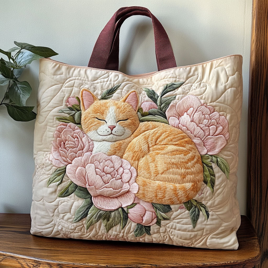 Katze mit Pfingstrosen – Gesteppter Shopper