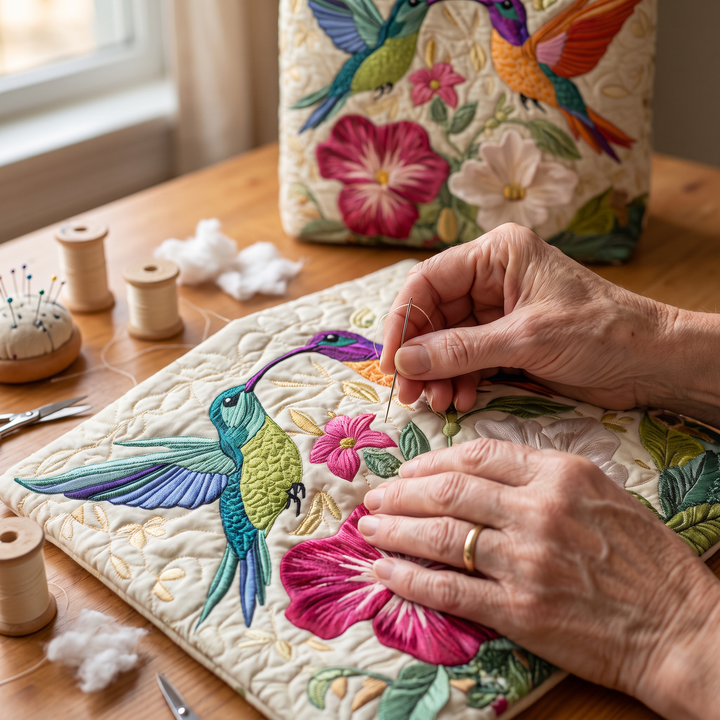 Kolibri mit weißen Blüten – Gesteppte Tasche