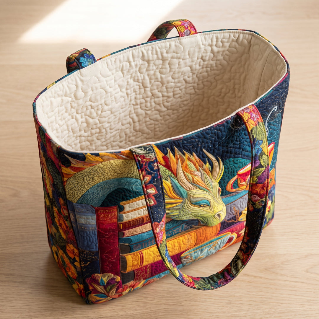 Lesender Drache mit Büchern und Tassen – Gesteppte Tasche