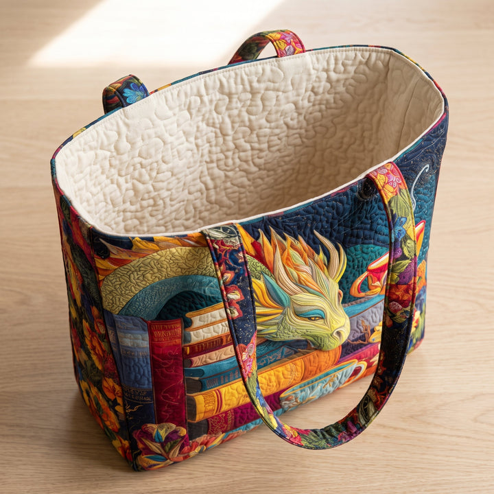 Lesender Drache mit Büchern und Tassen – Gesteppte Tasche