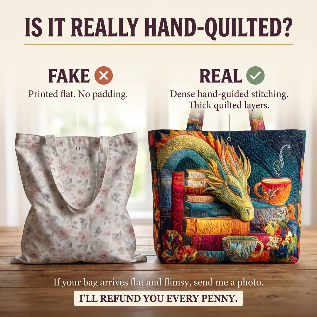 Lesender Drache mit Büchern und Tassen – Gesteppte Tasche