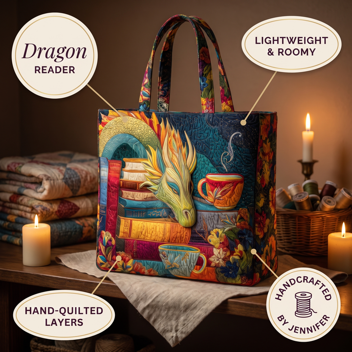 Lesender Drache mit Büchern und Tassen – Gesteppte Tasche