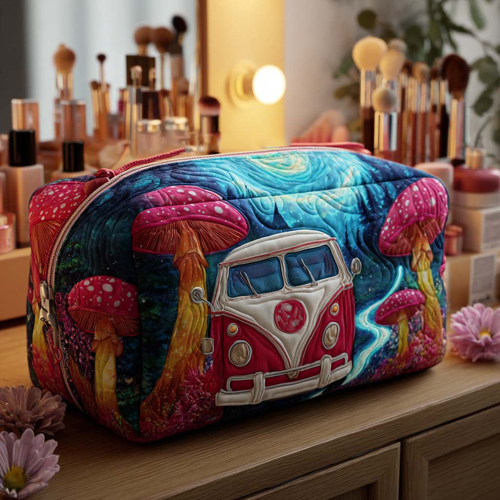 Pilzfahrt im Retrolook – Gesteppte Kosmetiktasche