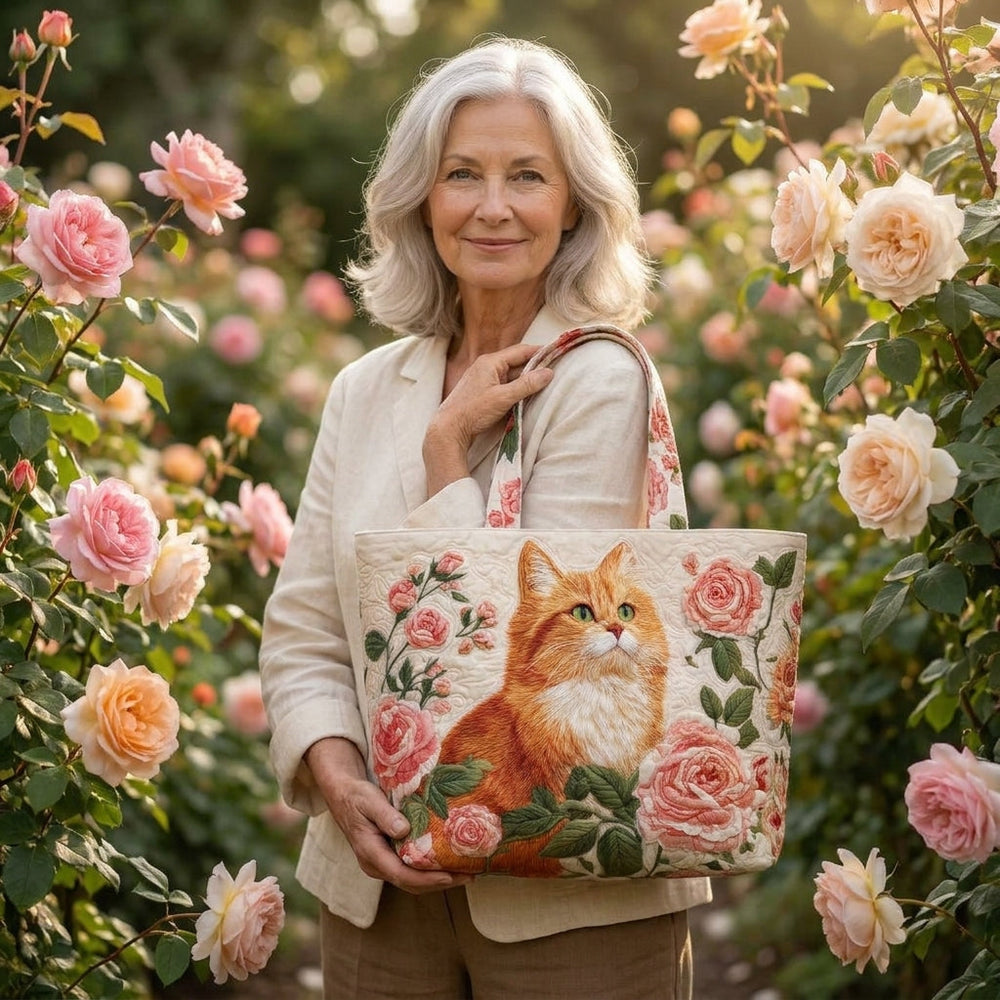 Rote Katze mit Rosen – Gesteppte Tasche