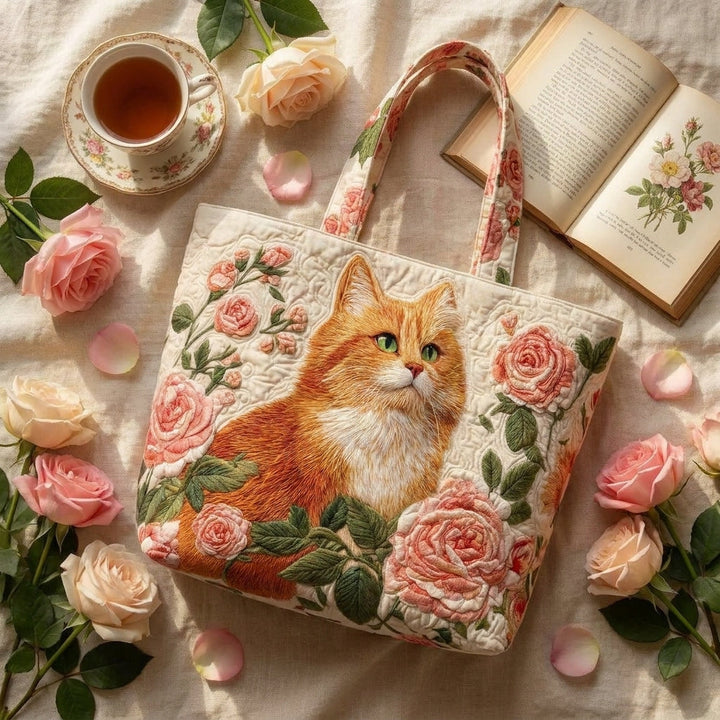 Rote Katze mit Rosen – Gesteppte Tasche