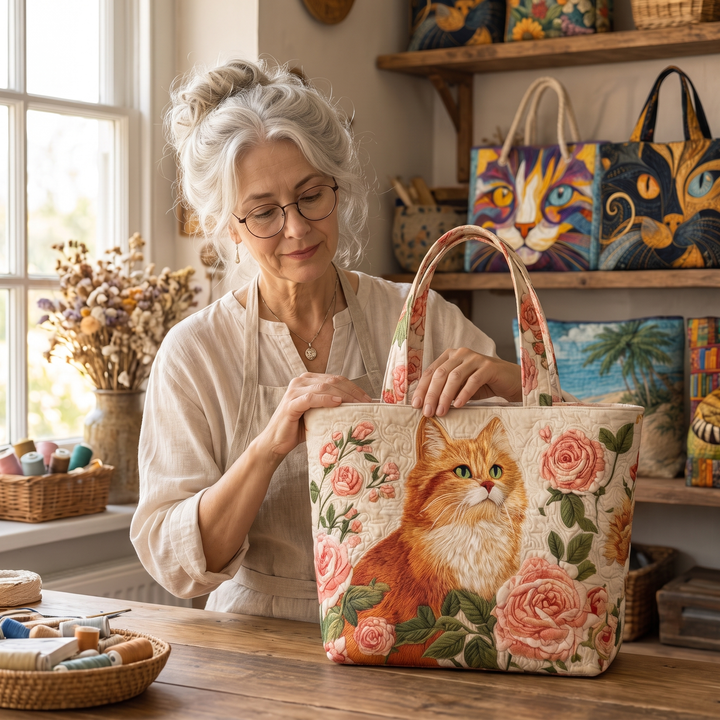 Rote Katze mit Rosen – Gesteppte Tasche