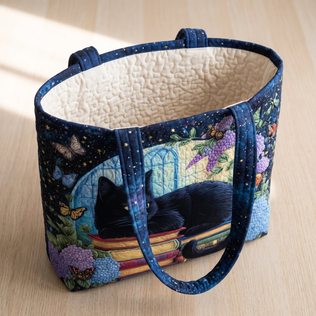 Schwarze Katze auf Büchern – Gesteppte Tasche