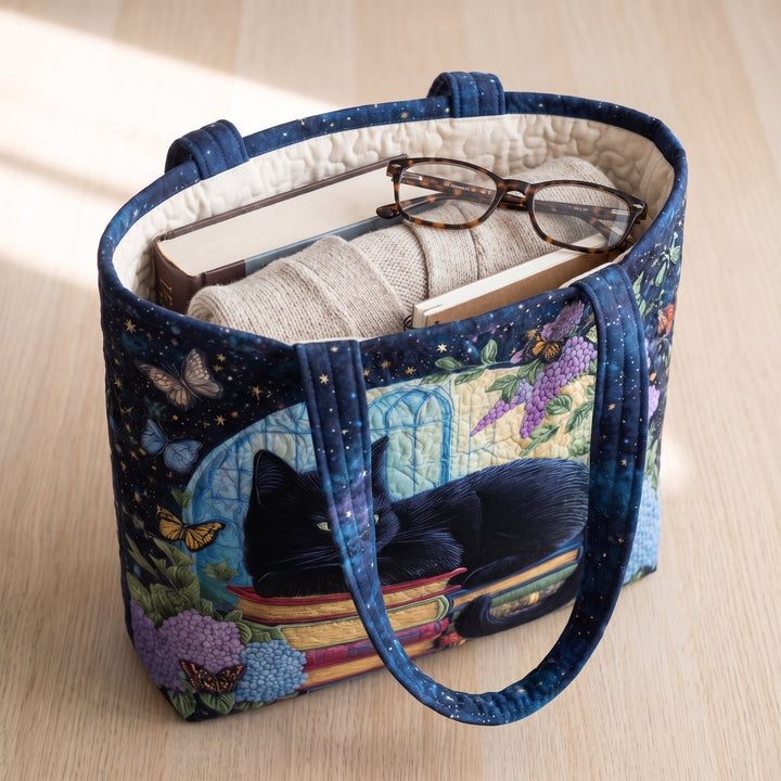 Schwarze Katze auf Büchern – Gesteppte Tasche
