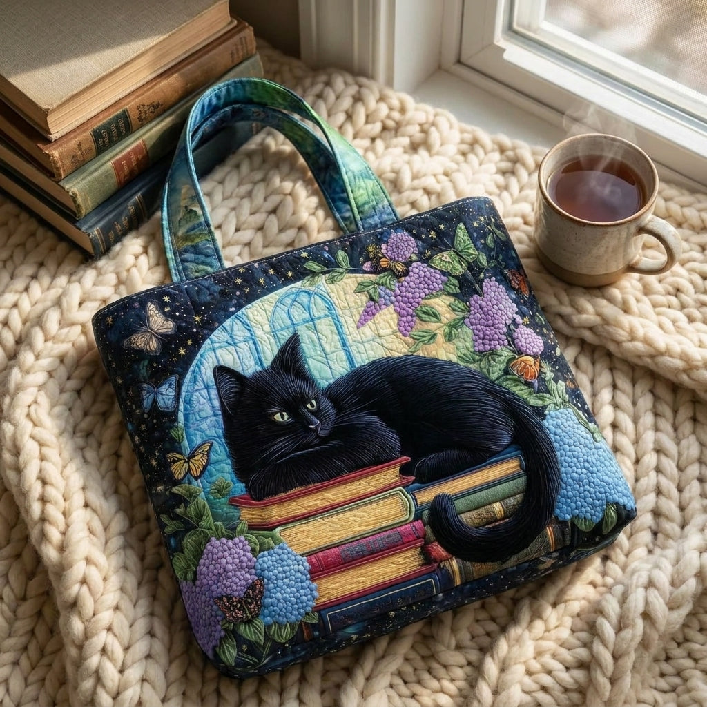 Schwarze Katze auf Büchern – Gesteppte Tasche