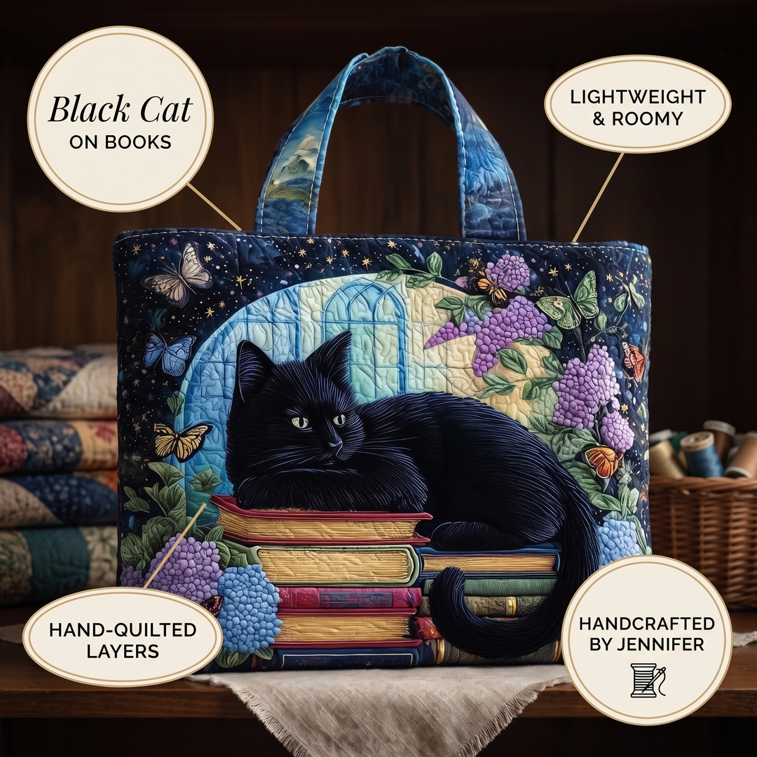 Schwarze Katze auf Büchern – Gesteppte Tasche