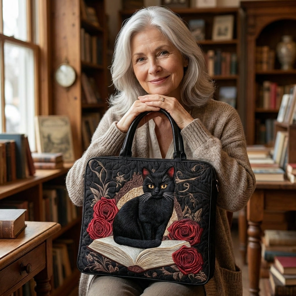 Schwarze Katze auf Büchern – Gesteppte Tasche