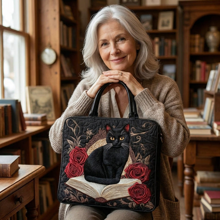 Schwarze Katze auf Büchern – Gesteppte Tasche