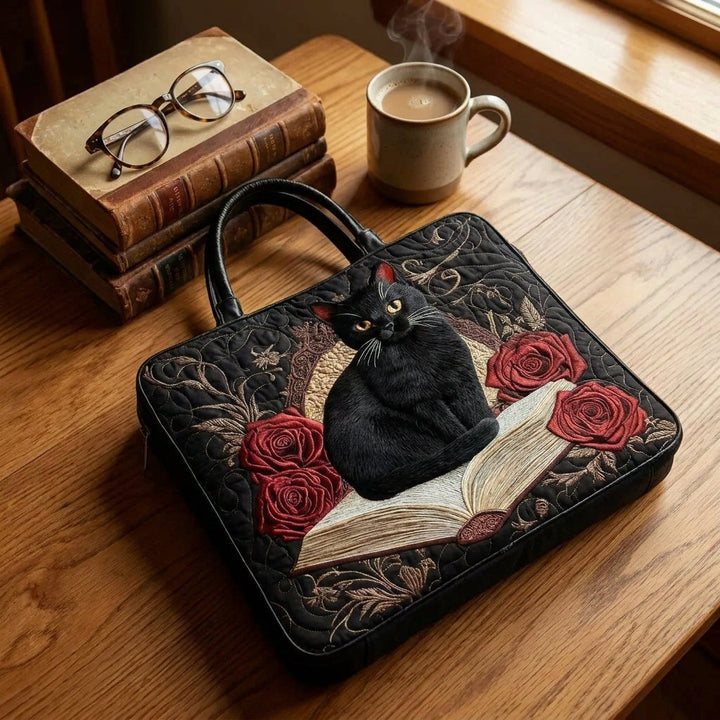 Schwarze Katze auf Büchern – Gesteppte Tasche