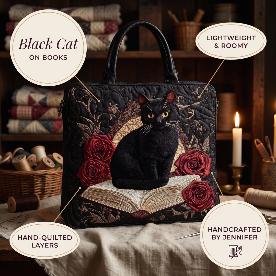 Schwarze Katze auf Büchern – Gesteppte Tasche
