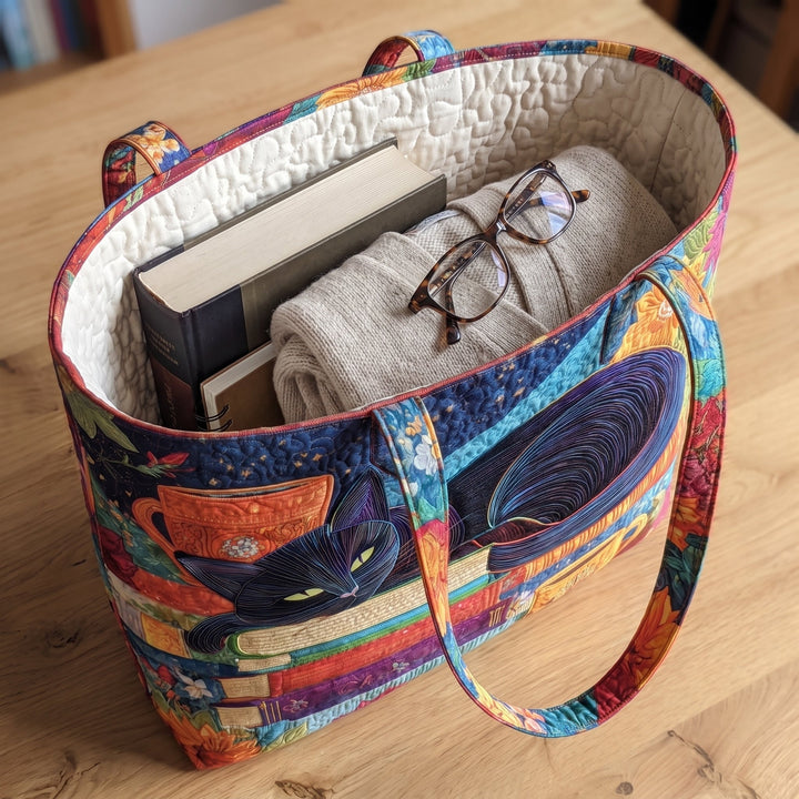 Schwarze Katze mit Büchern und Tassen – Gesteppte Tasche