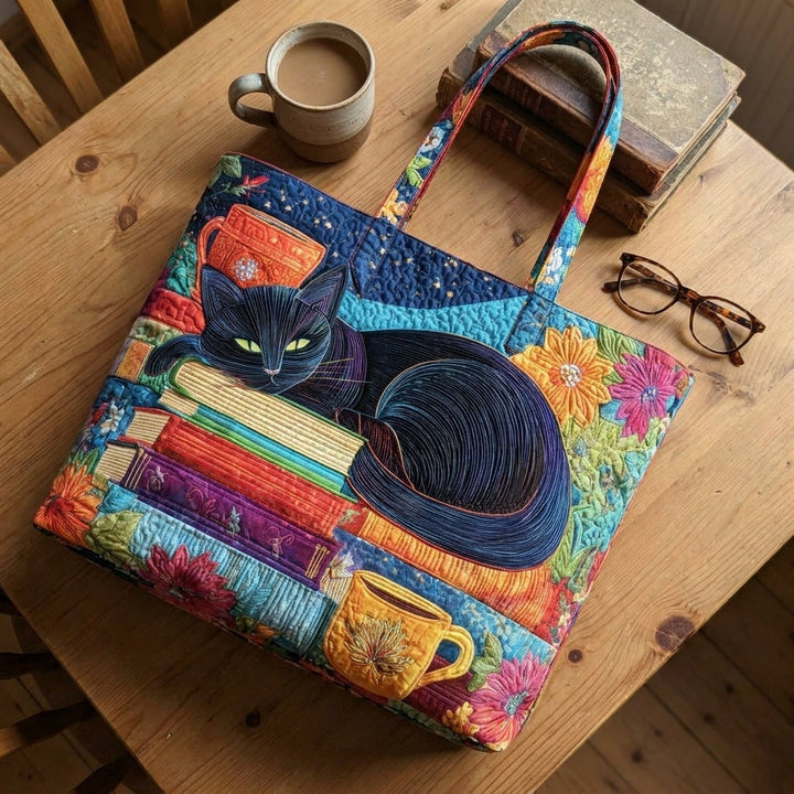 Schwarze Katze mit Büchern und Tassen – Gesteppte Tasche