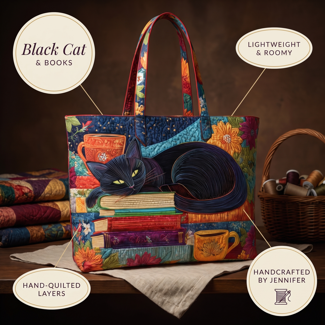 Schwarze Katze mit Büchern und Tassen – Gesteppte Tasche