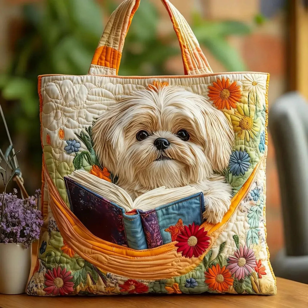 Shih Tzu mit Büchern und Blüten – Gesteppte Tasche