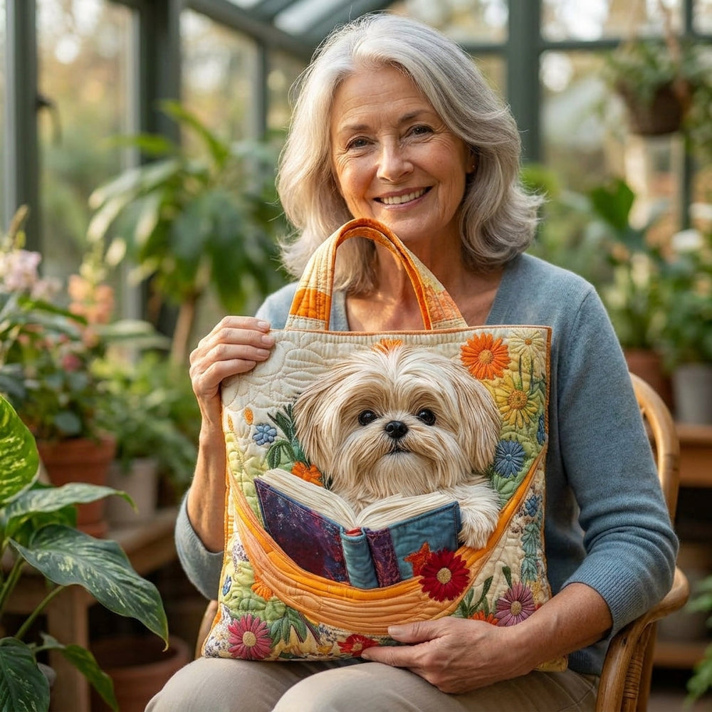 Shih Tzu mit Büchern und Blüten – Gesteppte Tasche