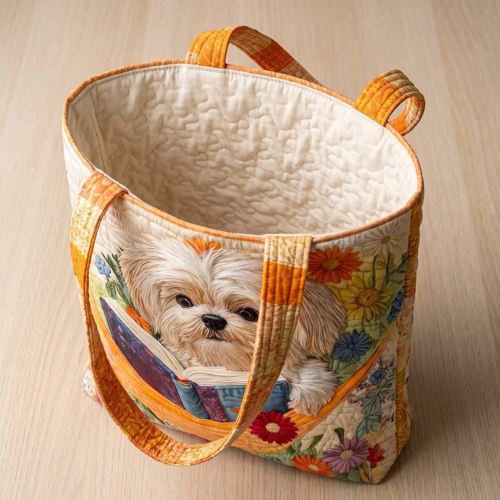 Shih Tzu mit Büchern und Blüten – Gesteppte Tasche
