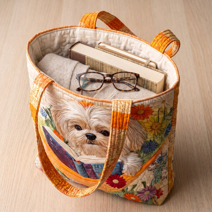 Shih Tzu mit Büchern und Blüten – Gesteppte Tasche
