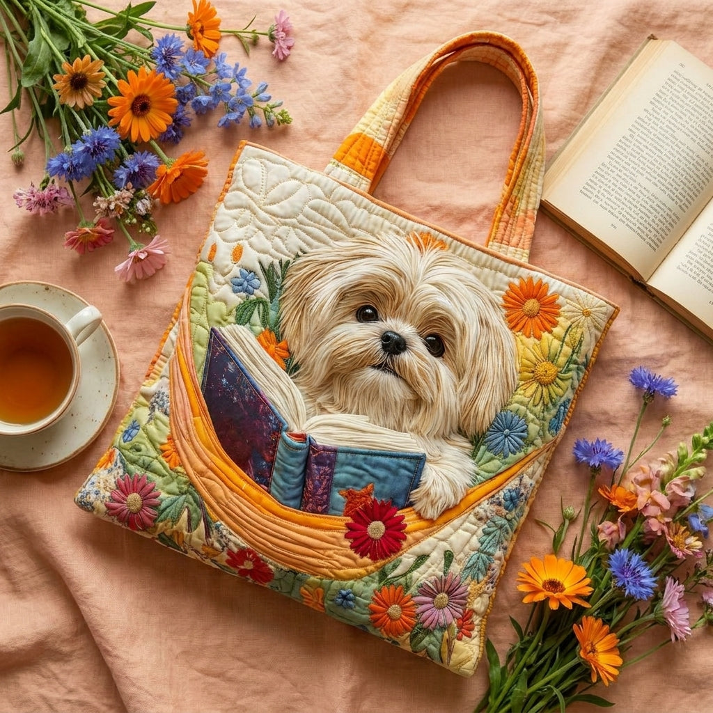 Shih Tzu mit Büchern und Blüten – Gesteppte Tasche
