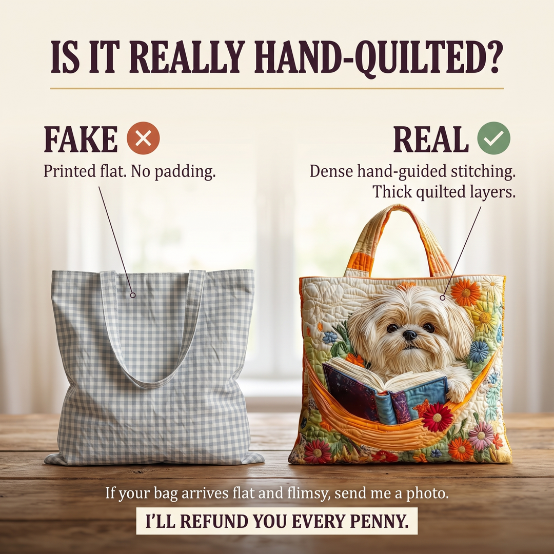 Shih Tzu mit Büchern und Blüten – Gesteppte Tasche