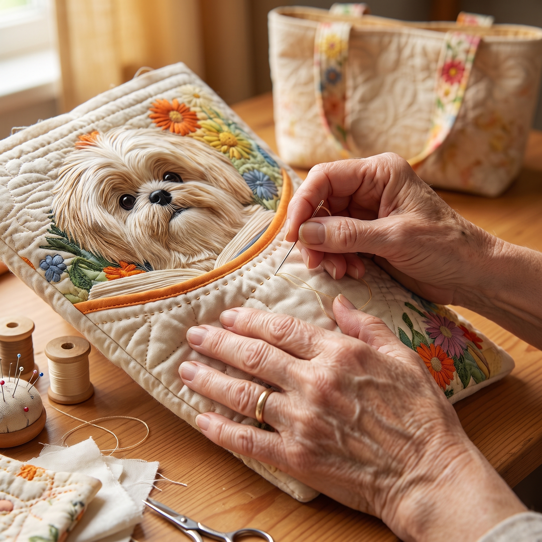 Shih Tzu mit Büchern und Blüten – Gesteppte Tasche