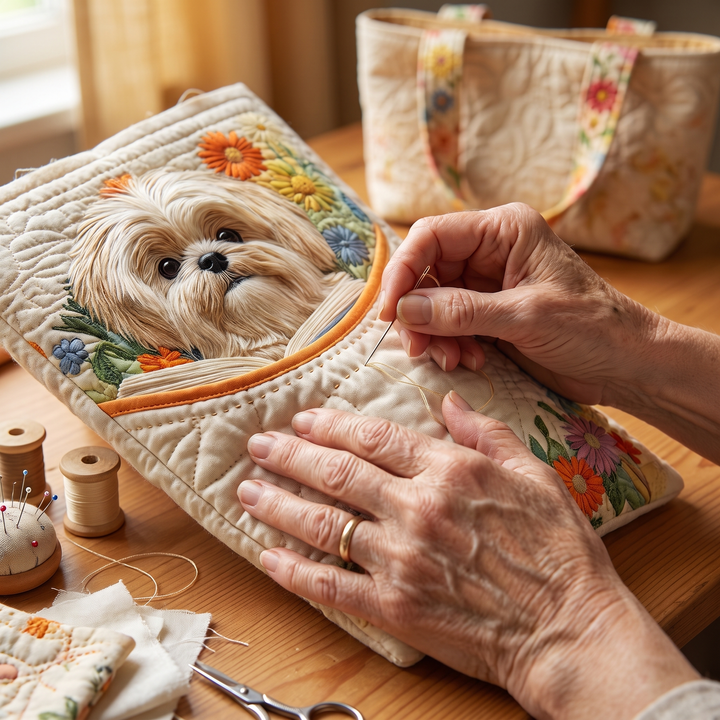 Shih Tzu mit Büchern und Blüten – Gesteppte Tasche