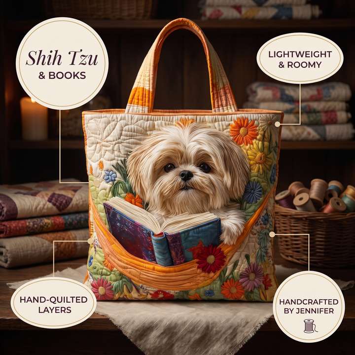 Shih Tzu mit Büchern und Blüten – Gesteppte Tasche