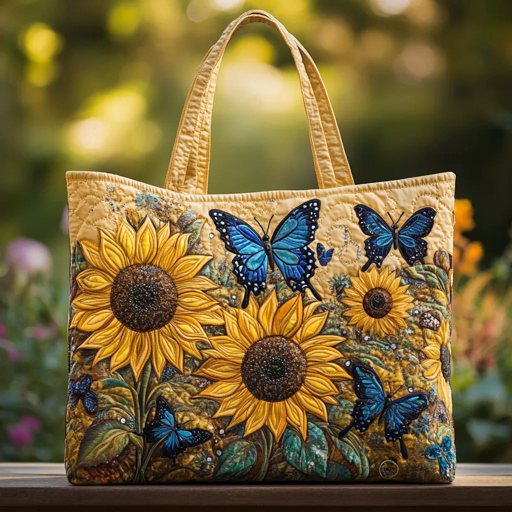 Sonnenblumen und blaue Schmetterlinge – Gesteppte Tasche
