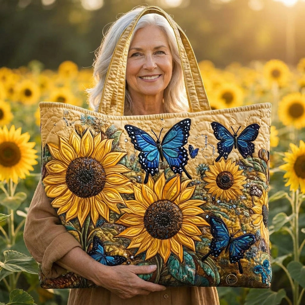 Sonnenblumen und blaue Schmetterlinge – Gesteppte Tasche