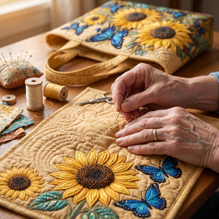 Sonnenblumen und blaue Schmetterlinge – Gesteppte Tasche