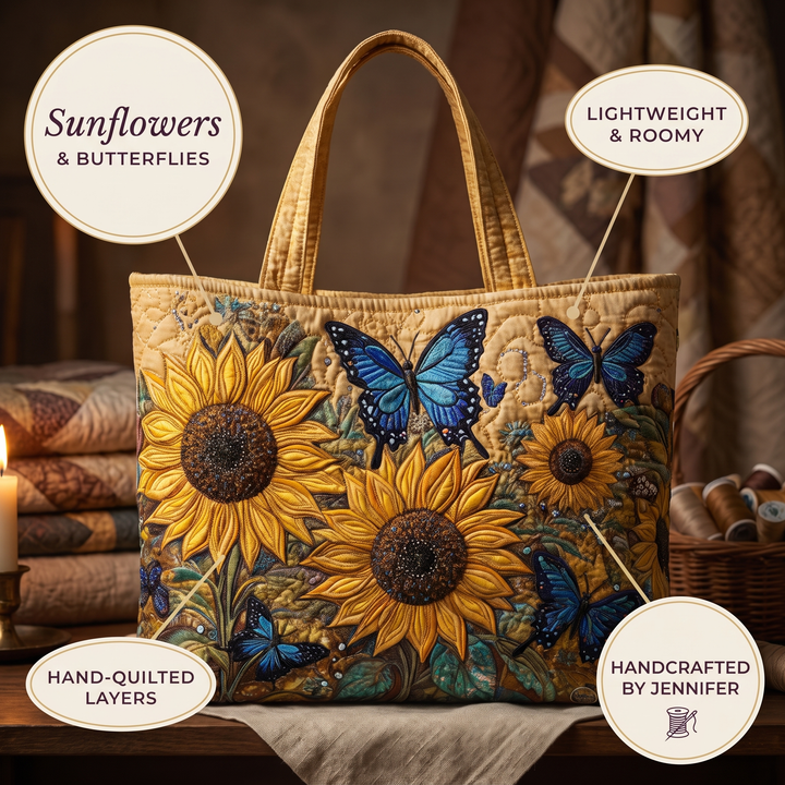 Sonnenblumen und blaue Schmetterlinge – Gesteppte Tasche