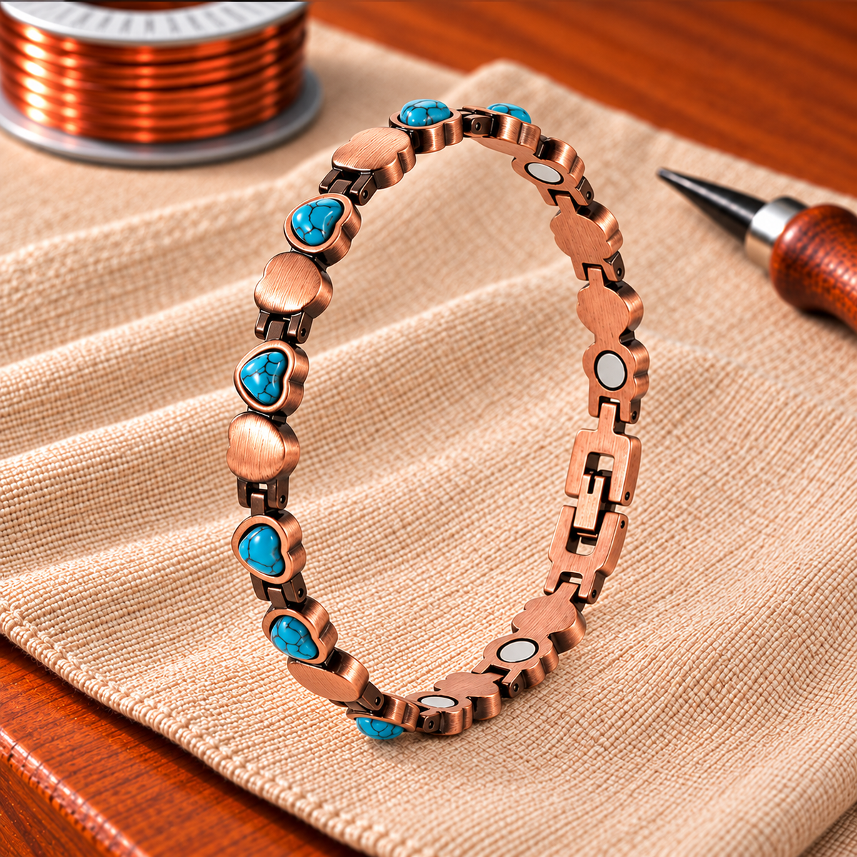 Kupferarmband mit Herz Aqua